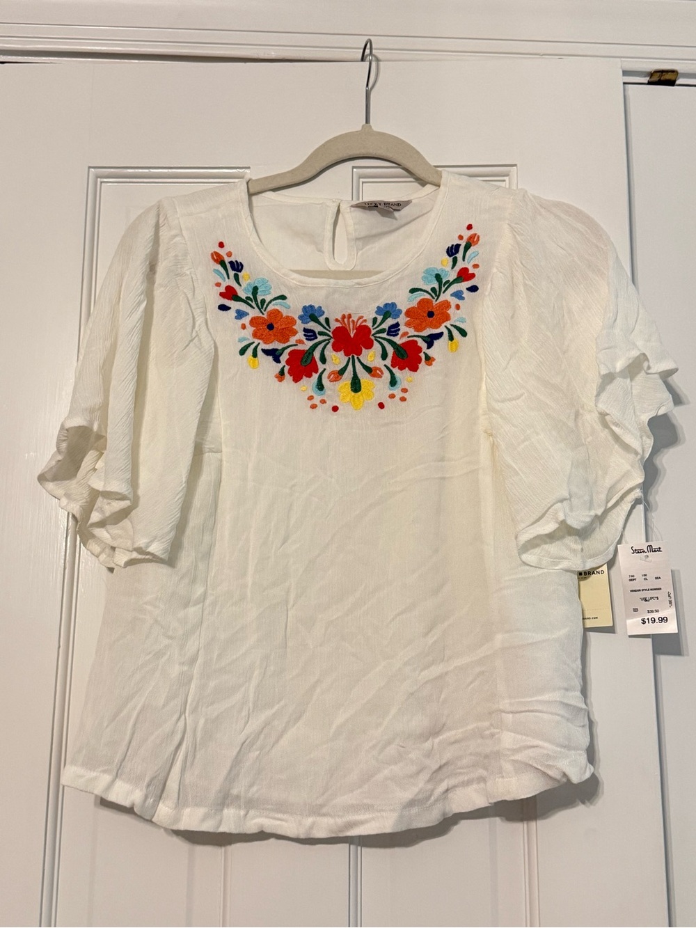 Lucky Brand White Blouse with Multicolor Floral Embroidery